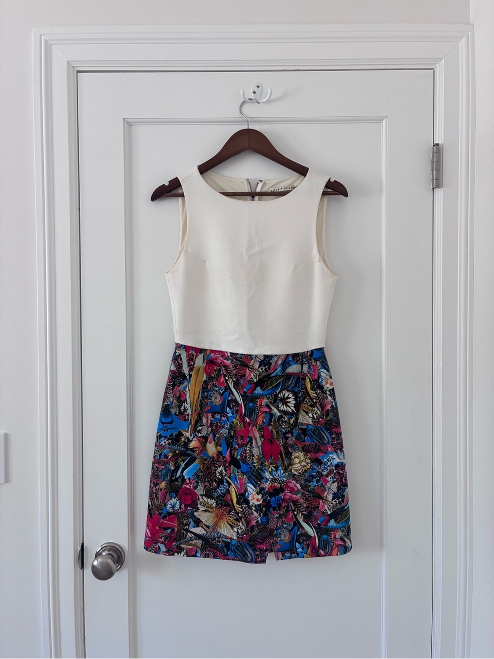 Sleeveless Ivory Bodice Floral Print A-Line Dress